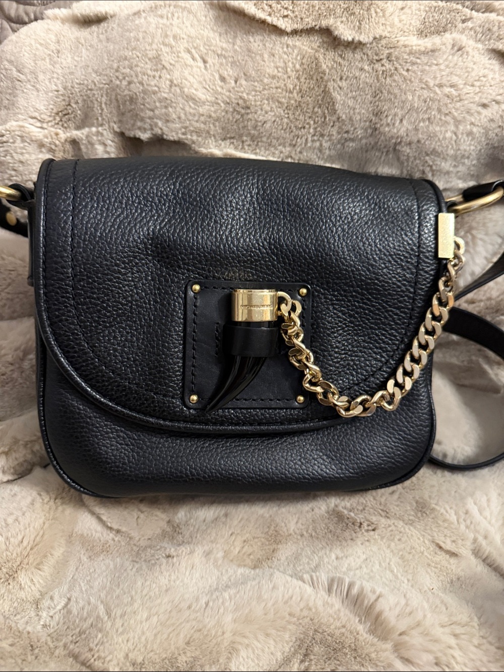 Rare MICHAEL Michael Kors Black Leather Crossbody with Gold Chain Detail